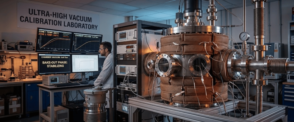 Technician monitoring vacuum calibration equipment with multiple screens, cables, and a large insulated stainless steel vacuum chamber.