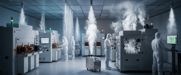 Technicians in cleanroom suits operating semiconductor fabrication equipment amid vapor plumes and monitoring displays