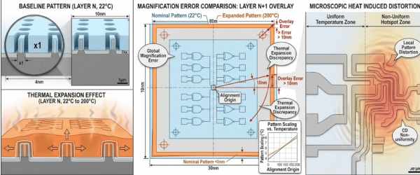 Three-panel diagram showing baseline nanoscale pattern, thermal expansion effects, and heat-induced overlay errors in lithography