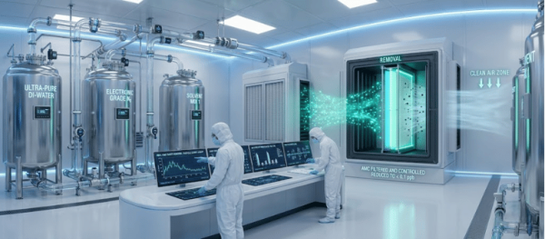 Two technicians in cleanroom suits monitor semiconductor-grade purification systems and an air-filtration chamber in a high-tech lab