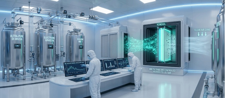 Two technicians in cleanroom suits monitor semiconductor-grade purification systems and an air-filtration chamber in a high-tech lab
