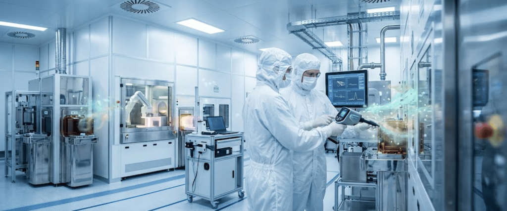 Two technicians in cleanroom suits operate high-tech equipment and handheld scanner amid sterile semiconductor fabrication machinery