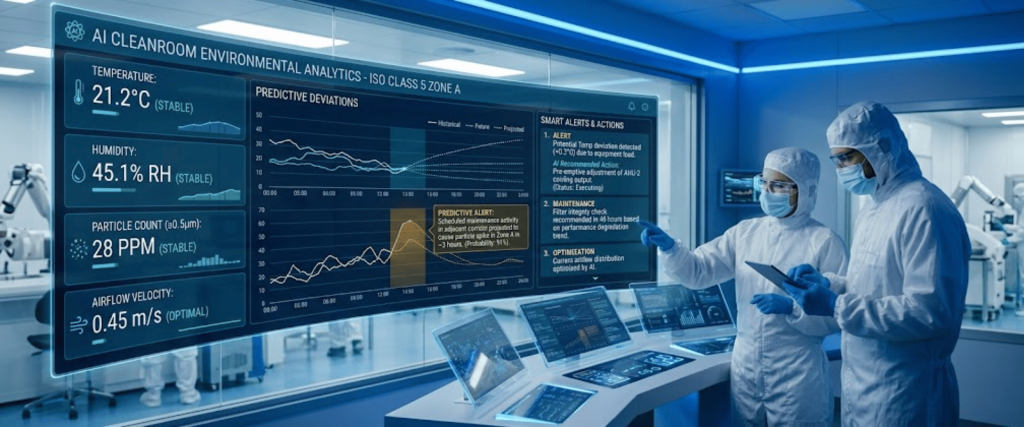 Two technicians in cleanroom suits review AI environmental analytics on a large screen showing temperature, humidity, particle count, and predictive graphs