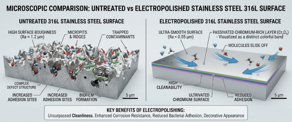 Untreated 316L stainless shows rough, pitted surface with defects, trapped contaminants and biofilm; electropolished surface is ultra‑smooth, chromium‑rich and resists adhesion