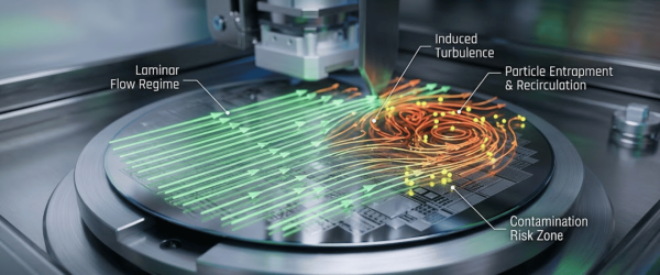 Wafer on processing tool showing laminar flow, induced turbulence, particle entrapment and a contamination risk zone