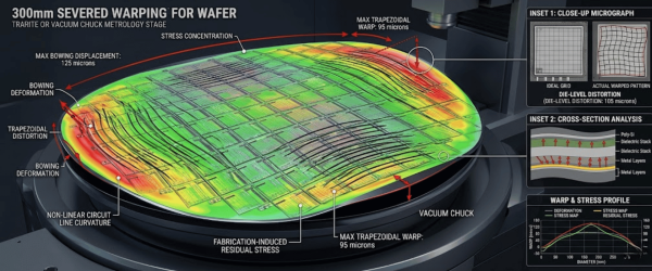 Warped 300mm wafer on vacuum chuck showing heatmap of bowing, trapezoidal distortion, stress concentration and micrograph insets