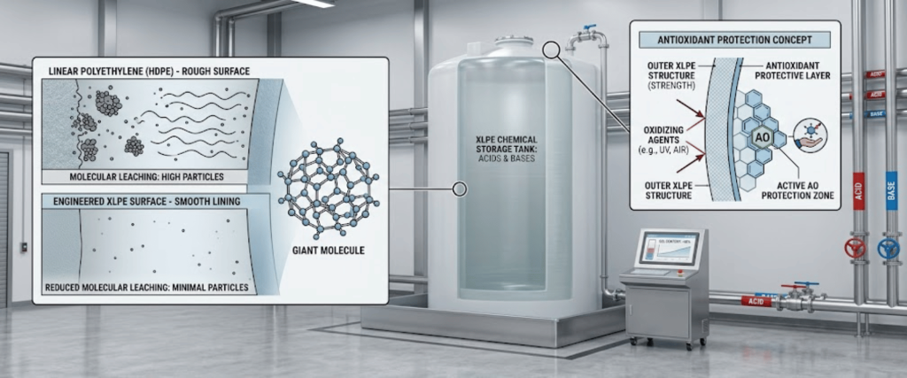 XLPE-lined chemical storage tank in a clean industrial room with diagrams showing polymer surface structure and antioxidant protection