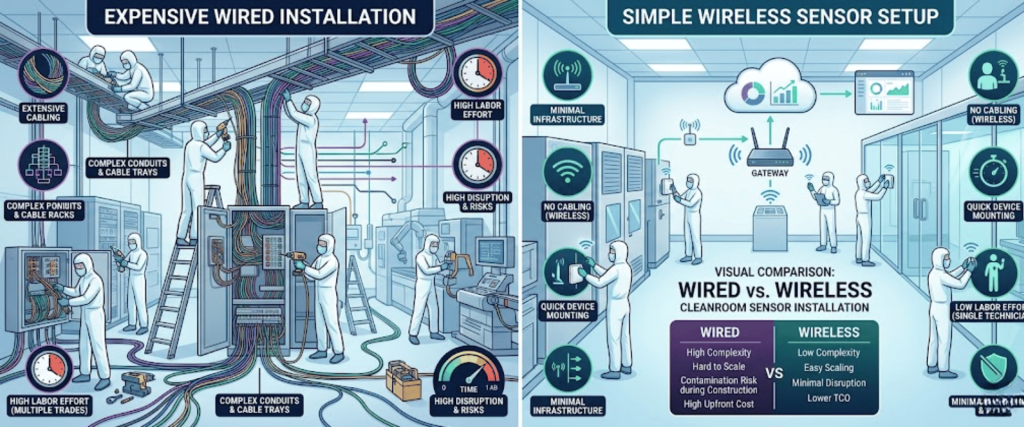 crowded cleanroom with many technicians installing extensive wired cabling, conduits, racks and panels