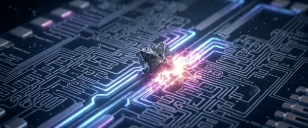 A glowing microchip circuit board with a molten metallic fragment sparking electrical energy across neon blue and purple traces