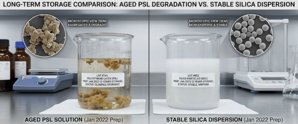 A lab comparison showing clumped, degraded polystyrene latex in a beaker vs. smooth, stable silica dispersion in another beaker