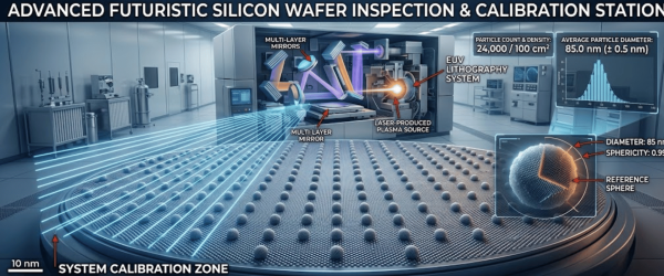 Advanced futuristic silicon wafer inspection station with laser lithography, mirrors, particle charts, and calibration spheres