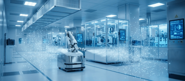 Automated robotic arm on a mobile base moves through a clean, high-tech manufacturing lab with glass enclosures and monitors