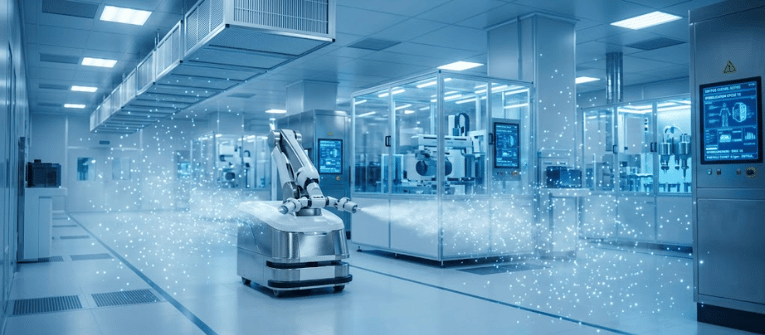 Automated robotic arm on a mobile base moves through a clean, high-tech manufacturing lab with glass enclosures and monitors