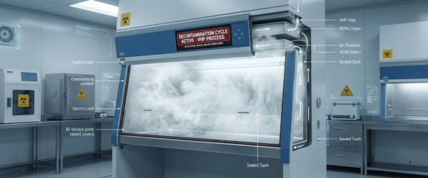 Biological Safety Cabinet keyword included Biological Safety Cabinet with sealed sash and HEPA filtration during VHP decontamination cycle