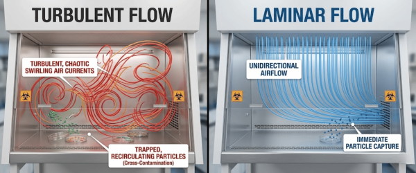 Biological Safety Cabinet: left turbulent flow with chaotic swirling air and trapped particles; right laminar flow with unidirectional airflow capturing particles