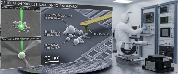 Calibration lab scene showing a technician in cleanroom suit operating instruments beside a silicon wafer and AFM diagram of 3–10 nm silica nanoparticles for standards