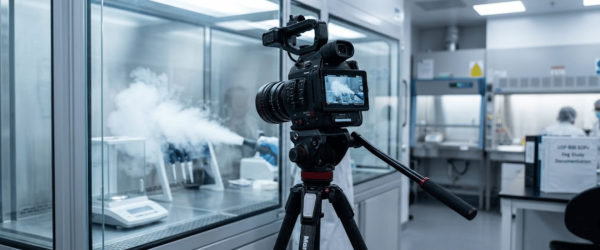 Camera recording USP 800 testing inside a controlled cleanroom lab, technician operating equipment while containment smoke is visible