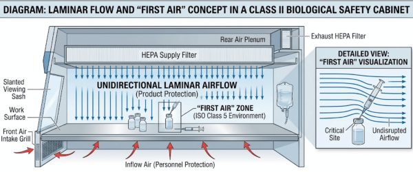 Class II biosafety cabinet showing HEPA supply/ exhaust, unidirectional laminar downward airflow, first-air zone over work surface, and front intake