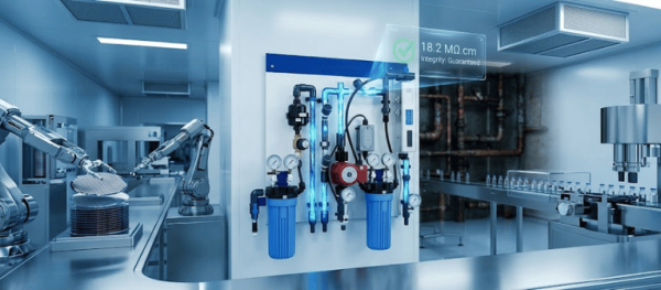 Clean, high-tech water filtration system and robotic assembly line in sterile industrial lab, showing gauges and tubing