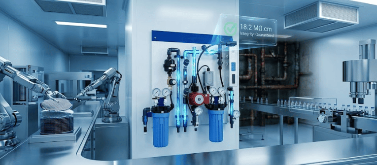 Clean, high-tech water filtration system and robotic assembly line in sterile industrial lab, showing gauges and tubing