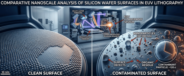 Clean versus contaminated silicon wafer surfaces in EUV lithography, showing nanoparticles, residues, defects and multilayer mirror system