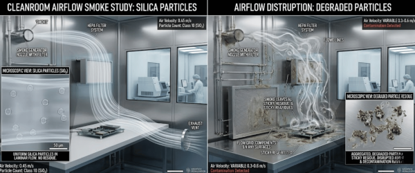 Cleanroom airflow smoke study showing clean laminar silica flow (left) and disrupted, contaminated airflow with degraded particle residue