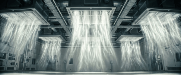 Cleanroom ceiling filtration units releasing downward laminar airflow into a sterile, empty laboratory space for contamination control