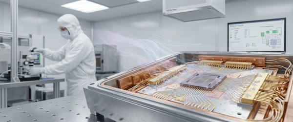 Cleanroom engineer in protective suit working near a quantum processor with coaxial wiring and monitoring screen displaying particle counts