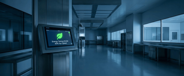 Cleanroom interior with glossy floors, workstations, and a touchscreen control panel displaying energy-saving mode at 40% fan speed