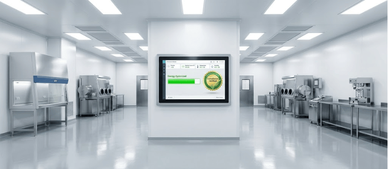 Cleanroom interior with sterile stainless steel workstations, isolators, biosafety cabinet, and central control screen displaying energy status