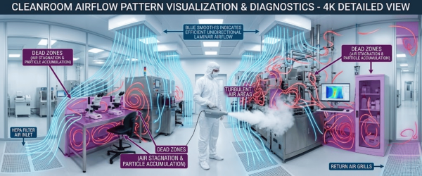 Cleanroom lab showing laminar airflow, HEPA inlet, turbulent zones and dead zones with technician performing airflow diagnostics
