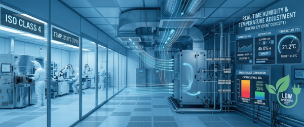 Cleanroom lab with technicians in protective suits and robotic equipment visible through glass