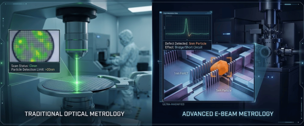 cleanroom optical wafer scan with laser probe; e-beam magnified chip defect detection showing 5nm particle causing short-circuit.