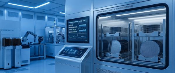 Cleanroom semiconductor lab with robotic arm, wafer storage cabinets, and monitoring screens under blue lighting