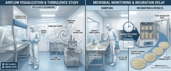 Cleanroom split-panel showing airflow smoke study with laminar hood and turbulent eddies, plus microbial sampling with swabs, plates, incubator and colony growth