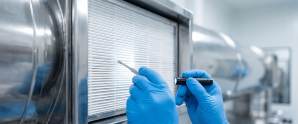Cleanroom technician in blue gloves inspects and cleans HEPA filter in stainless-steel housing to maintain sterile airflow and particle control