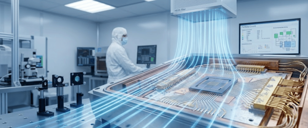 Cleanroom technician in full PPE monitoring a quantum processor on a test bench with airflow and particle monitoring