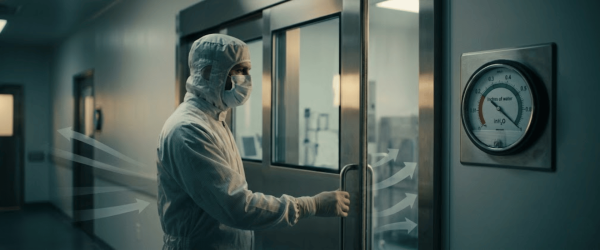 Cleanroom technician in full protective suit and mask entering a controlled lab through sealed door with pressure gauge visible