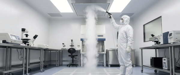 Cleanroom technician in full suit sanitizing HEPA ceiling filter with fogging device, sterile lab benches and microscopes visible
