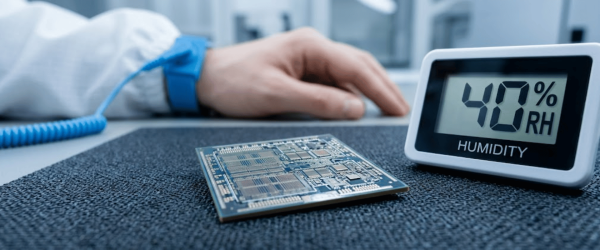 Cleanroom technician's gloved hand near a circuit board and digital hygrometer reading 40% RH, ensuring controlled humidity