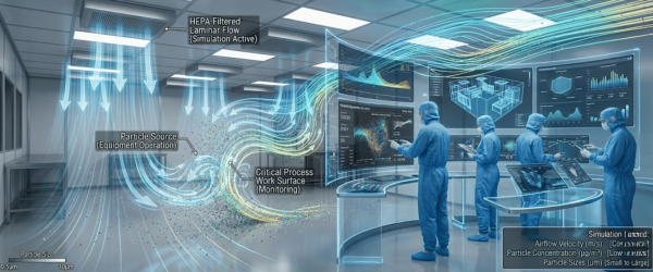Cleanroom technicians in blue suits monitor holographic airflows, particle sources, and critical process surfaces on transparent touchscreens