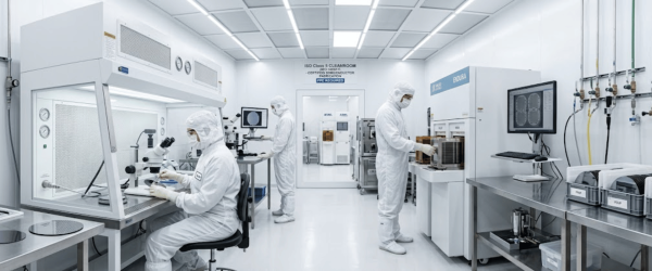 Cleanroom technicians in full PPE operating microscopes and equipment while processing semiconductor wafers in a bright lab