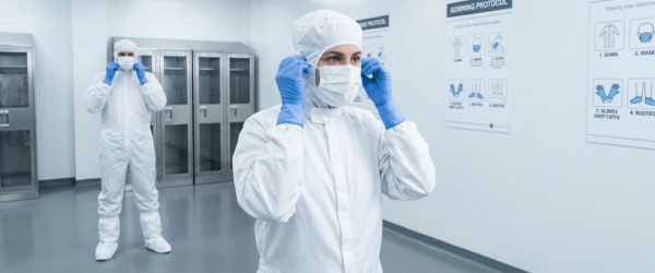 Cleanroom technicians in full gowning and gloves preparing masks inside a sterile cleanroom with protocol posters on the wall