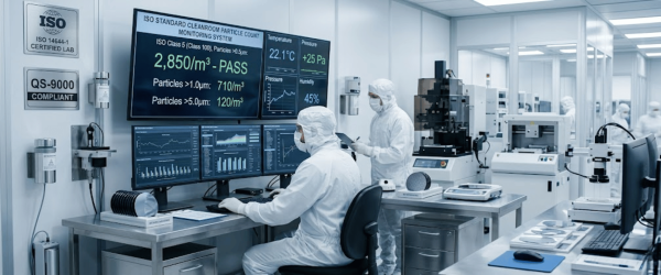 Cleanroom technicians in full protective suits monitor air particle counts and equipment in a high-tech ISO-certified semiconductor lab