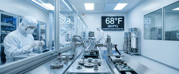 Cleanroom technicians in protective suits assembling precision electronics on a sterile production line under controlled 68°F conditions