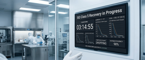 Cleanroom technicians in protective suits monitor ISO Class 5 recovery on a wall screen showing particle counts and efficiency