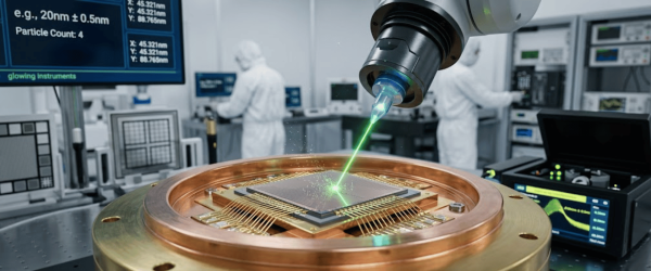 Cleanroom technicians in protective suits operate equipment while a precision laser probes a microchip mounted on a gold test fixture