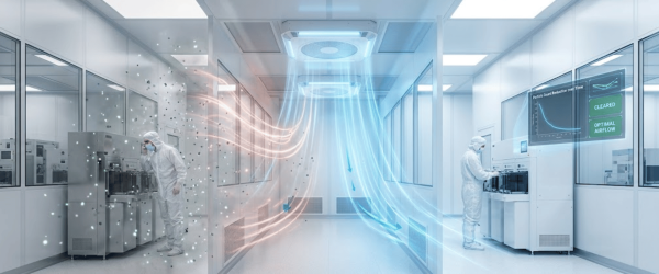 Cleanroom technicians in protective suits working amid illustrated airflow showing particle removal and optimal ventilation