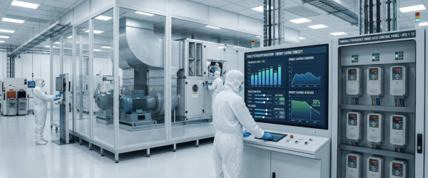 Cleanroom technicians in white suits monitor industrial HVAC and control-panel displays showing energy and system performance