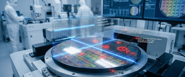 Cleanroom technicians inspect a silicon wafer on automated inspection equipment with holographic diagnostics and defect markers on monitors